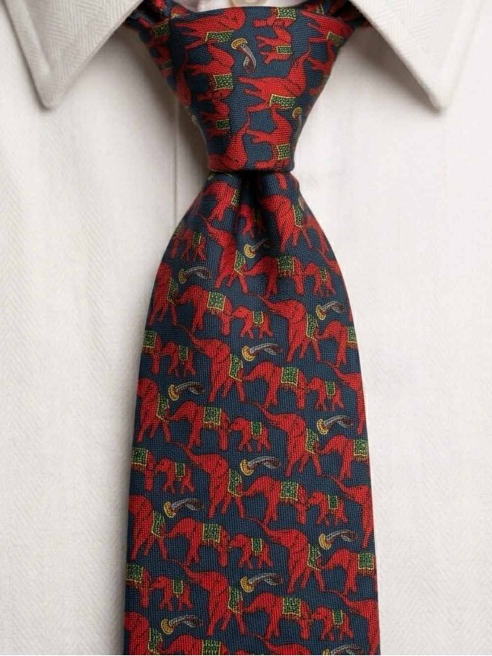 Vintage Carven Paris Silk Tie Elephant Novelty Print Navy Red Hand Made France